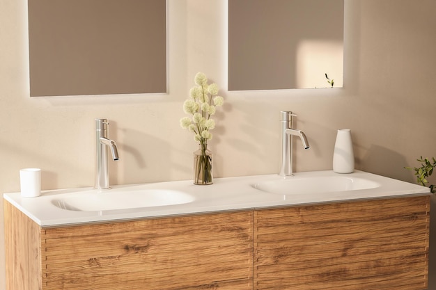 Close up of double basin with mirrors standing in on beige wall wooden cabinet with faucets in minimalist bathroom