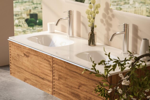 Photo close up of double basin with mirrors standing in on beige wall wooden cabinet with faucets in minimalist bathroom