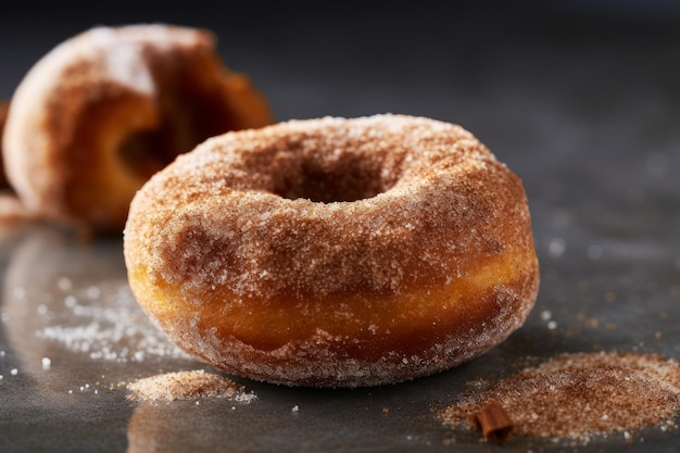 A close up of a doughnut on a table with other pastries.