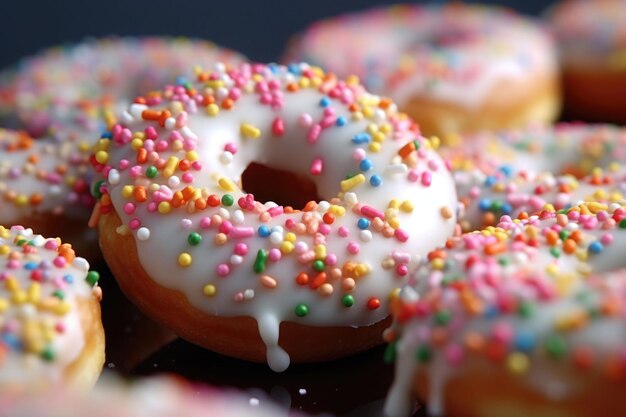 프로스팅과 다채로운 사탕 조각을 뿌린 도넛을 가까이서 모듬 도넛 생성 AI 일러스트레이션
