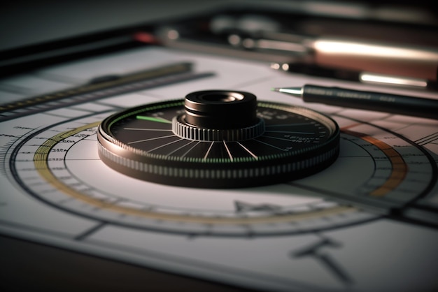 A close up of a drafting compass or protractor showcasing the architecture and drafting profession