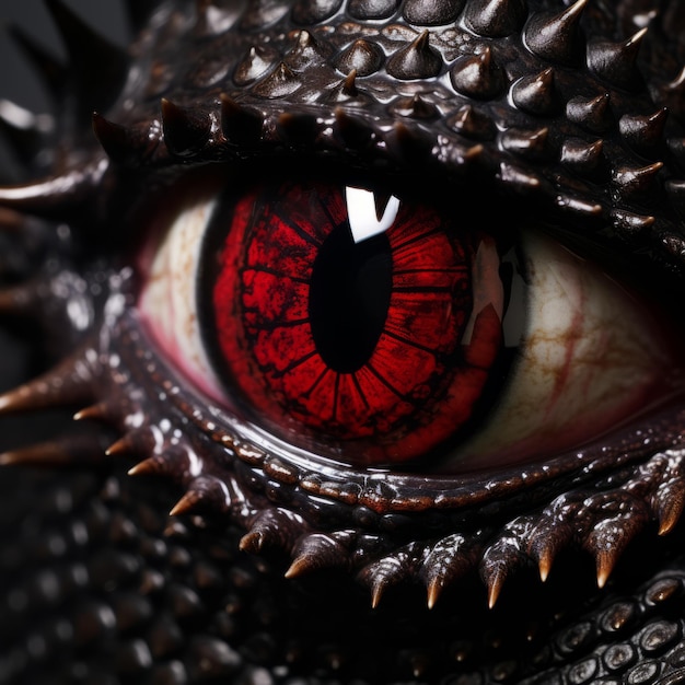 a close up of a dragon eye with red iris