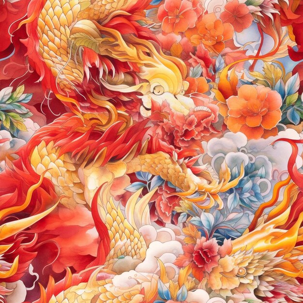 A close up of a dragon and flowers on a wall generative ai