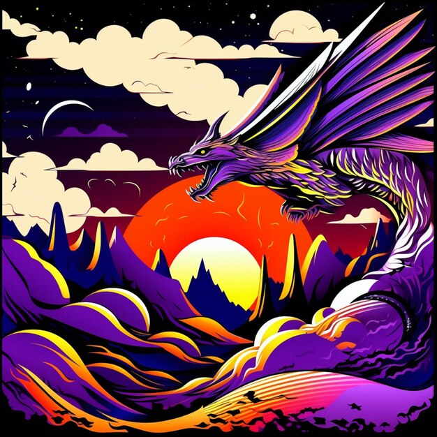 A close up of a dragon flying over a mountain with a sunset generative ai