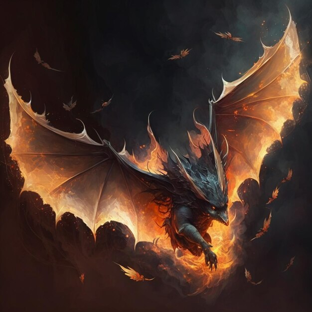 A close up of a dragon flying through a dark sky generative ai