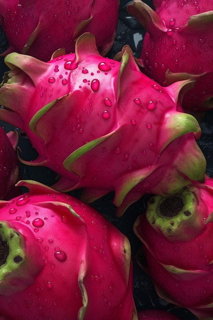 A close up of dragon fruit with water droplets on the skin