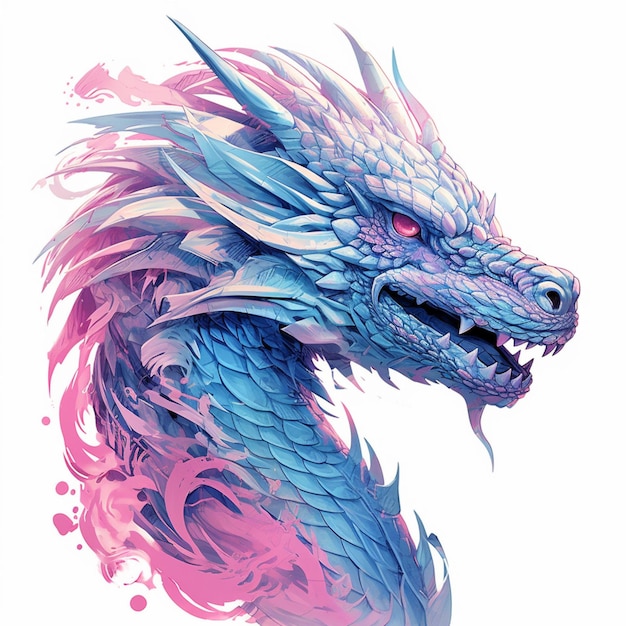 A close up of a dragon head with a pink and blue background generative ai