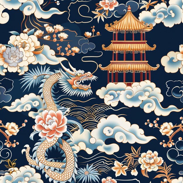 Photo a close up of a dragon and a pagoda in the sky generative ai