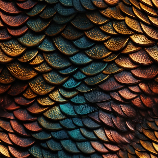 A close up of a dragon's scales with a blue and orange background.