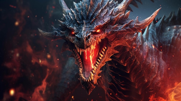 A close up of a dragon with a fire in its mouth generative ai