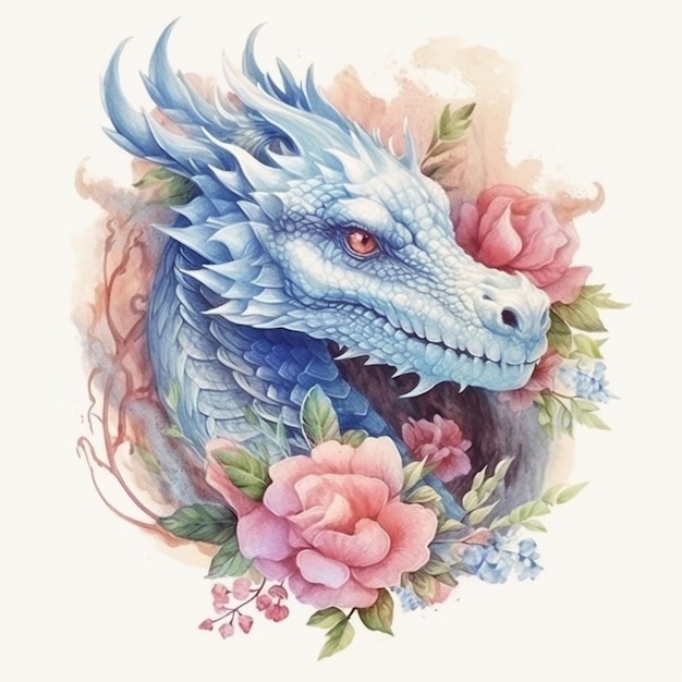 A close up of a dragon with flowers on a white background generative ai