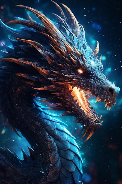 A close up of a dragon with glowing eyes and a glowing tail generative ai