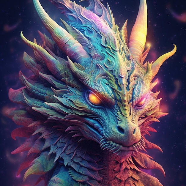 A close up of a dragon with a glowing face and a colorful background generative ai