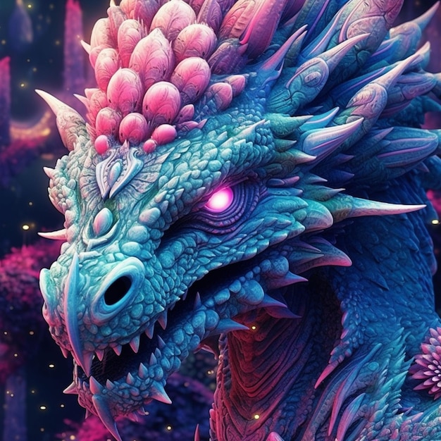 A close up of a dragon with a pink and blue head generative ai