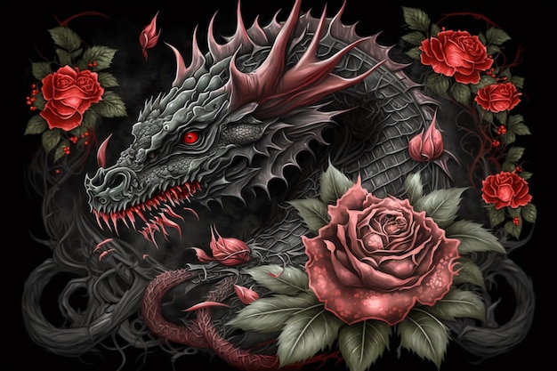 a close up of a dragon with roses and a rose generative ai