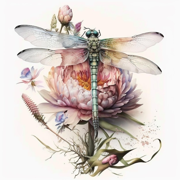 A close up of a dragonfly on a flower with other flowers generative ai