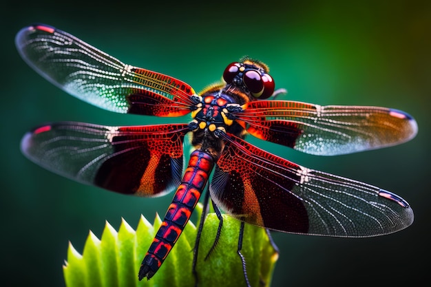 Close up of dragonfly on plant with drops of water on its wings Generative AI