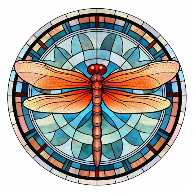 A close up of a dragonfly on a stained glass window generative ai