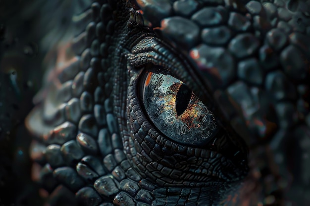 A close up of a dragons eye with a dark blue iris