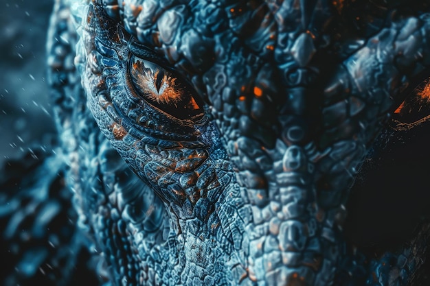 A close up of a dragons face with a blue eye and orange eye