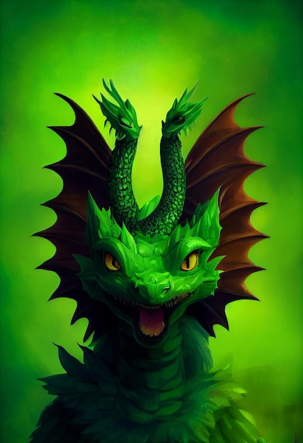 Close up of a dragons head on a green background generative ai