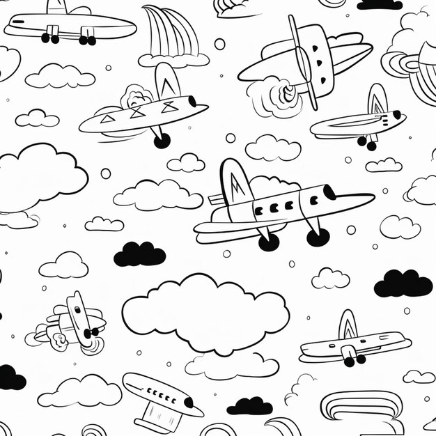 a close up of a drawing of airplanes and clouds generative ai