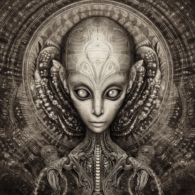 A close up of a drawing of a alien with a head and body generative ai