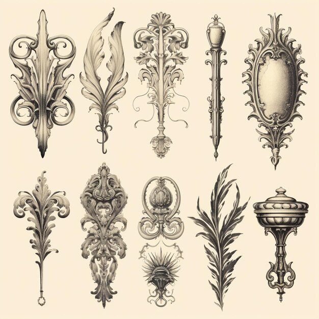 Photo a close up of a drawing of a bunch of decorative objects generative ai