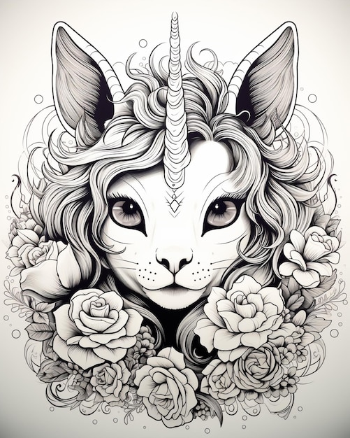 a close up of a drawing of a cat with a unicorns head generative ai