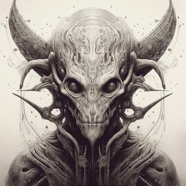 A close up of a drawing of a demon with horns generative ai