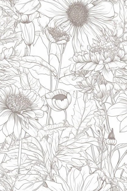 A close up of a drawing of a field of flowers generative ai