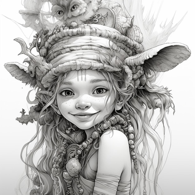 a close up of a drawing of a girl with a headdress generative ai