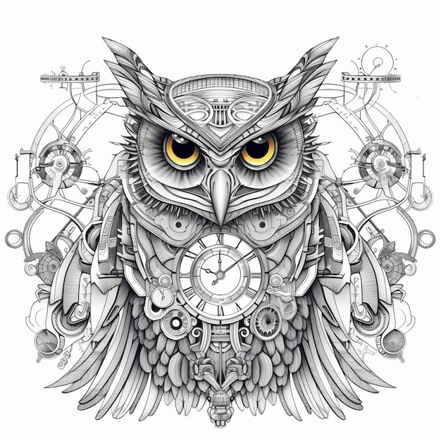 Photo a close up of a drawing of an owl with a clock generative ai