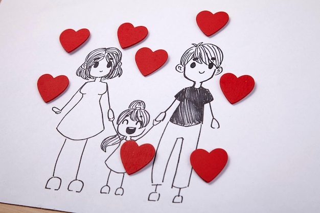 종이 위 의 그림 과  ⁇ 은 심장 모양 의 클로즈업