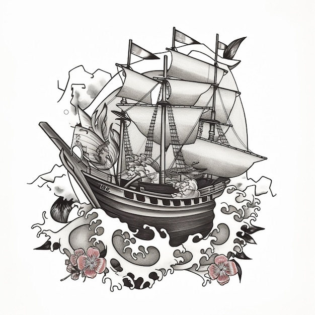 a close up of a drawing of a ship with a lot of sails generative ai