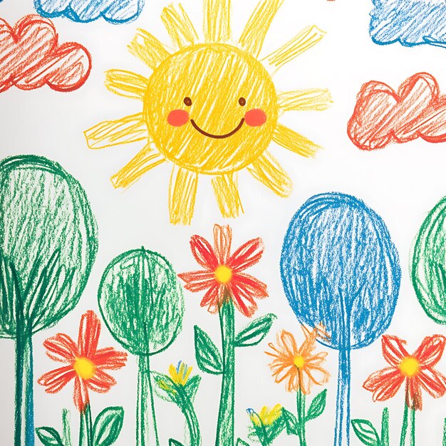 Photo a close up of a drawing of a sun and flowers