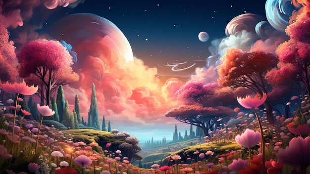 Close up of a dreamscape showing a whimsical forest with luminous plants