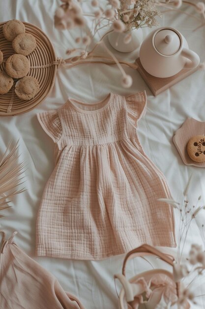 Photo a close up of a dress and a basket of cookies on a bed generative ai