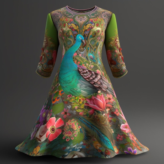 a close up of a dress with a peacock on it generative ai