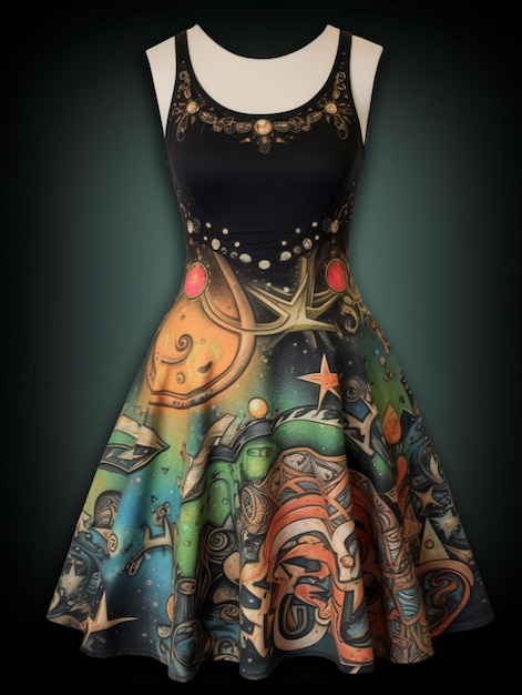 Photo a close up of a dress with a space theme on it generative ai