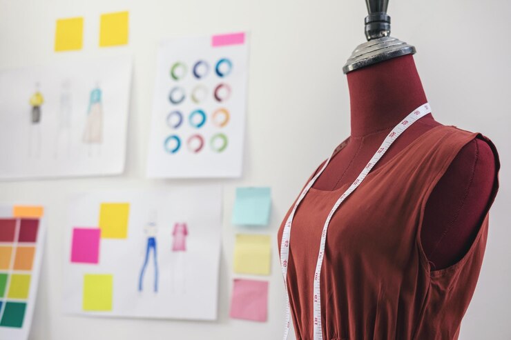 Photo close-up of dressmaker model with tape measure at fashion studio