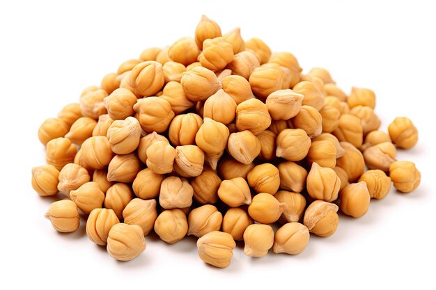 Close up of dried chickpeas on white background