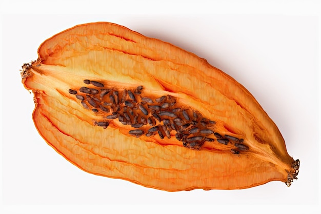 Close up of dried papaya displayed on a white background