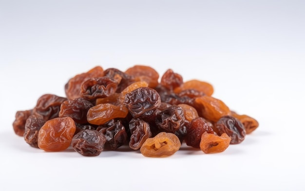 a close up dried raisins on a white background ai generated