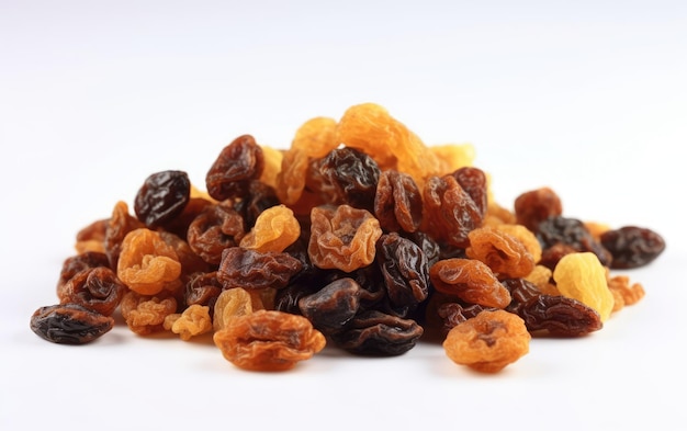 Photo a close up dried raisins on a white background ai generated