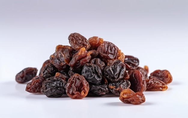 A close up dried raisins on a white background ai generated