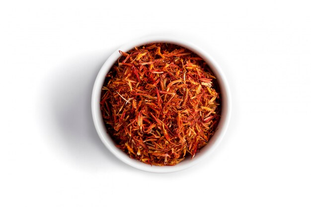Close-up of dried saffron in a bowl