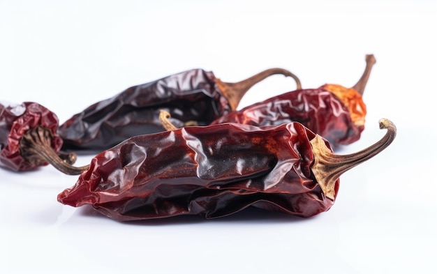 A close up dried smoked chili peppers on a white background ai generated