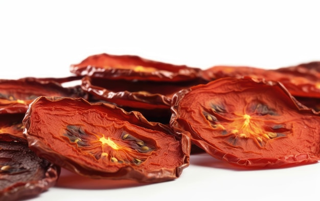 A close up dried smoked tomato slices on a white background ai generated