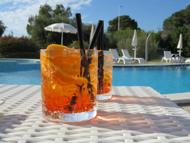close-up of drink by swimming pool